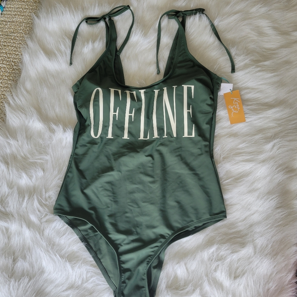 Kona Sol  OFFLINE Shoulder Tied OLIVE Green One Piece Swimsuit L NWT Back Tie